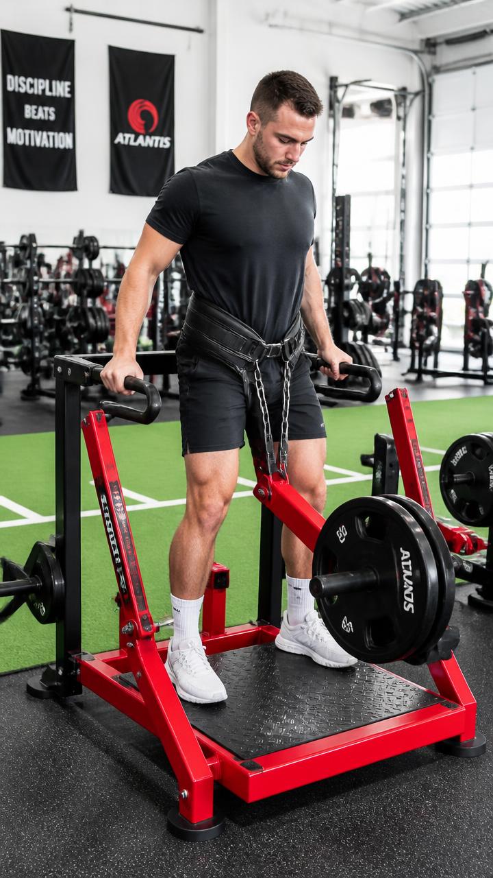 A member performing a belt squat on a red plate-loaded machine beside the turf