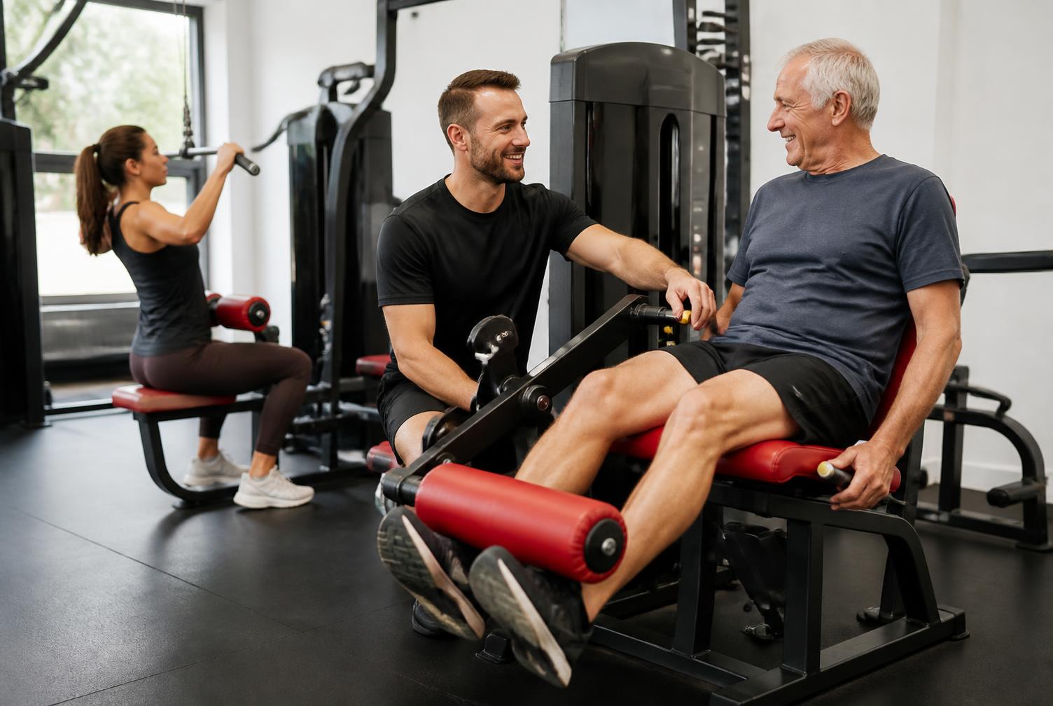 A trainer showing an older member how to use a leg machine while another member trains nearby