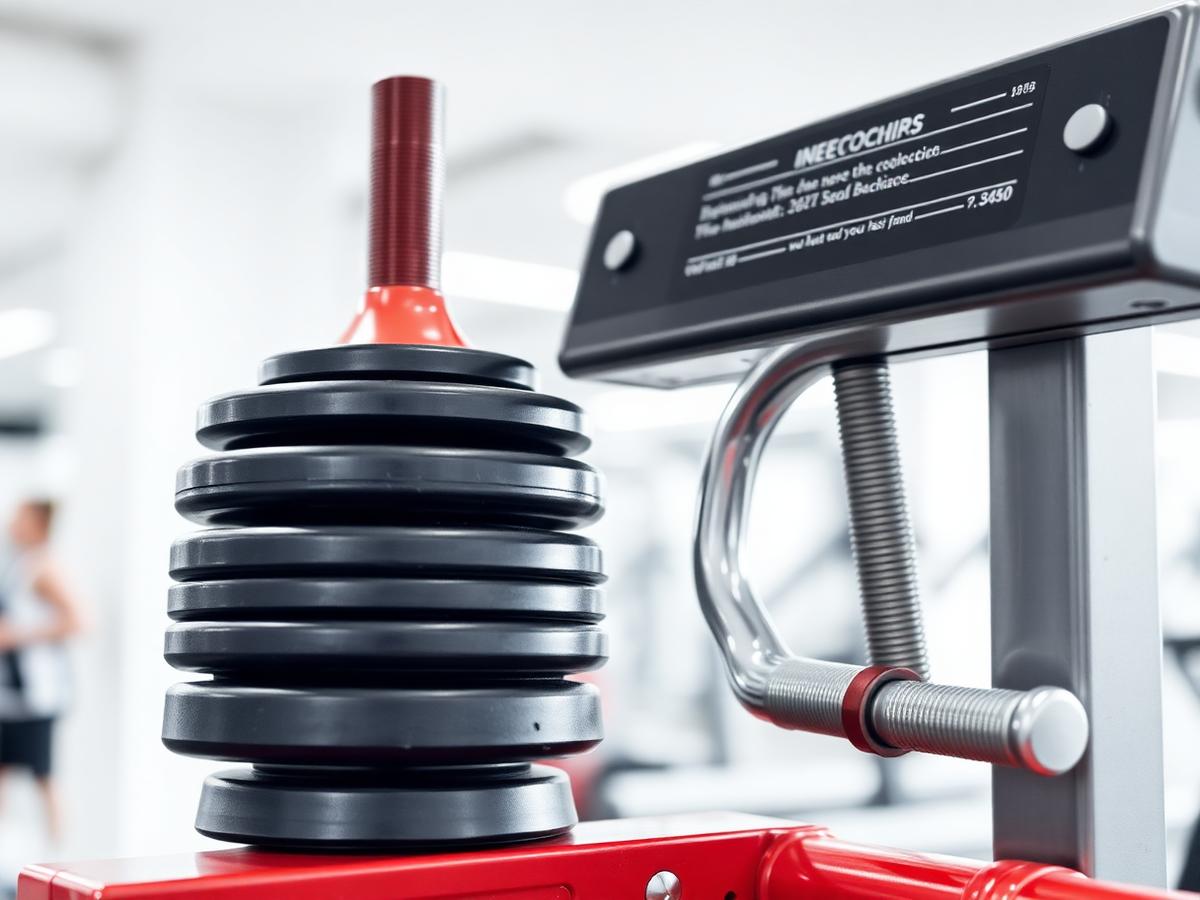 Close-up of weight plates loaded on a machine horn beside a knurled steel handle
