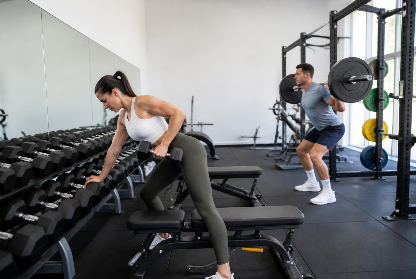 Dumbbell rack, benches and a squat rack in the Redwood Fitness free-weight area