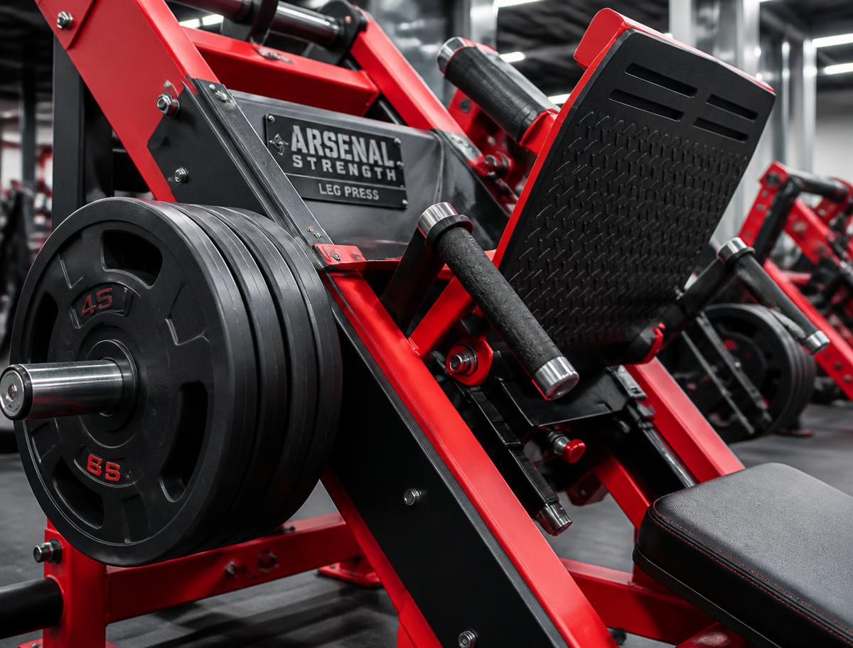 Close-up of a plate-loaded leg press at Redwood Fitness
