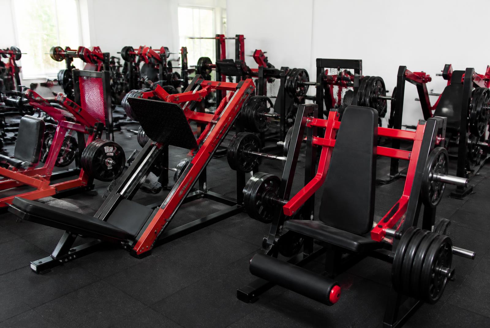 Dense rows of red-and-black leg machines including leg press and hack squat at Redwood Fitness