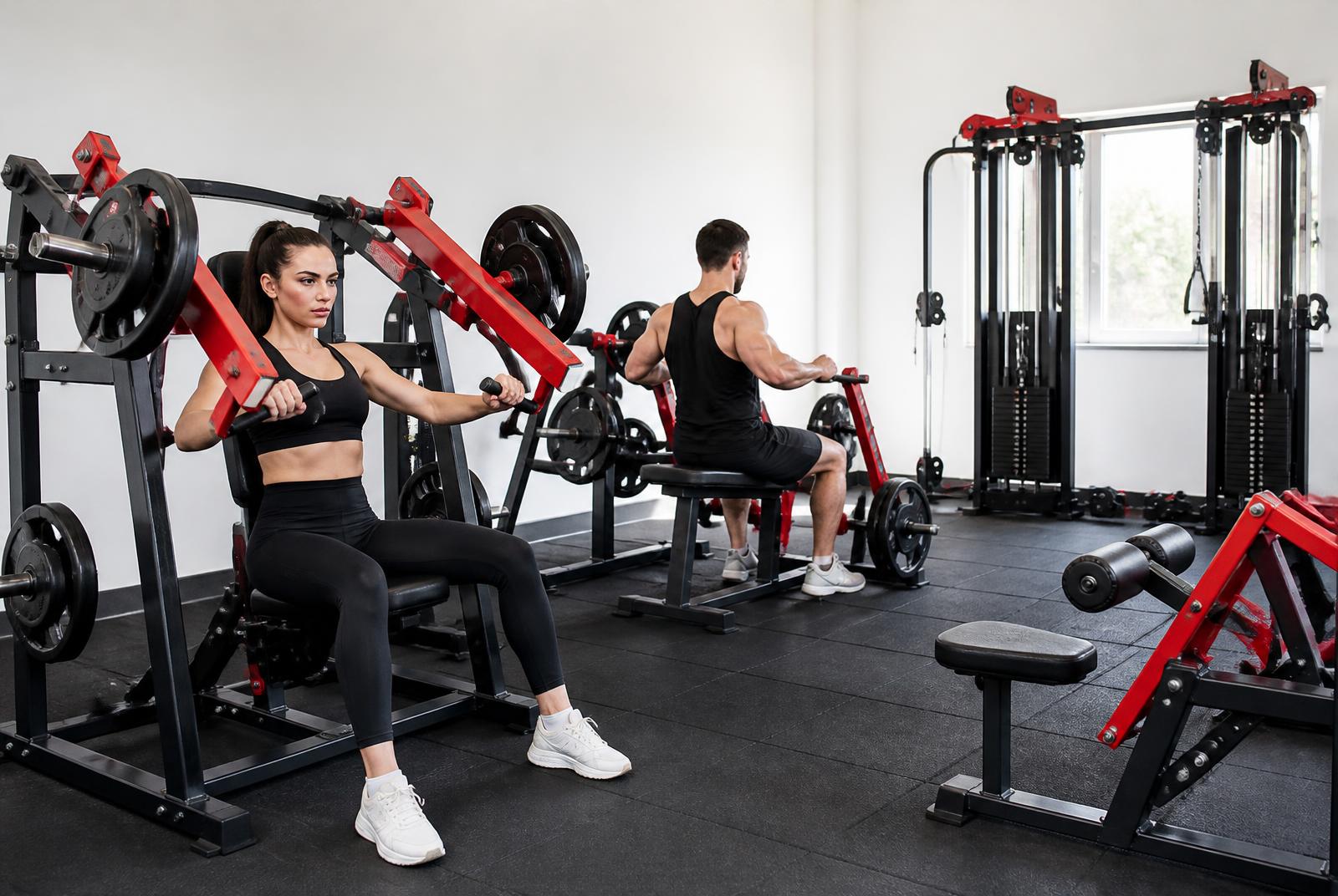 Members training on plate-loaded chest press and row machines in a bright upper-body area