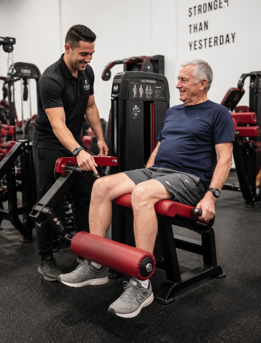 A trainer setting up a machine for an older member